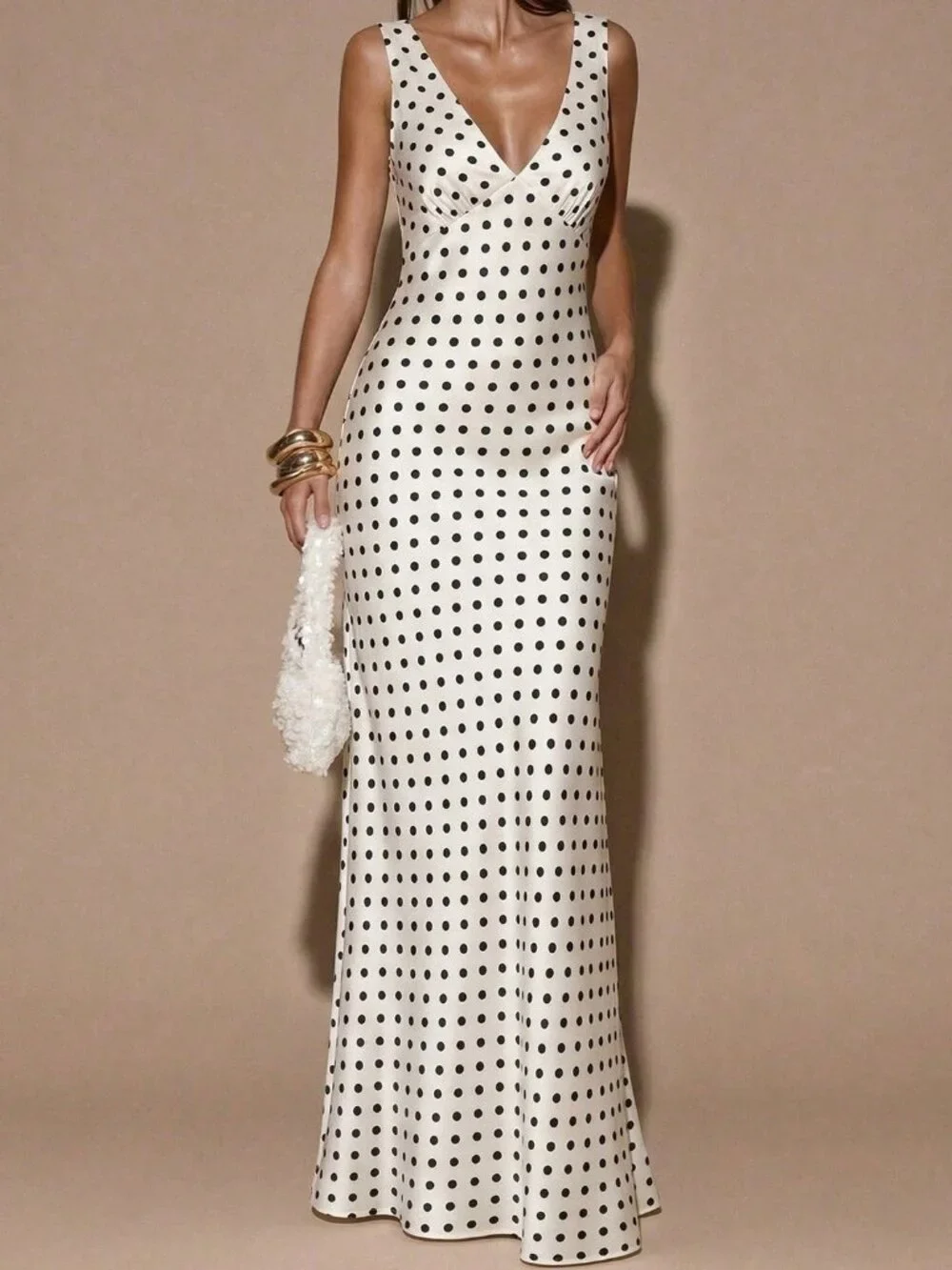 White Elegant Women's Polka Dot Satin V-Neck Backless Dress - Picture 5 of 6